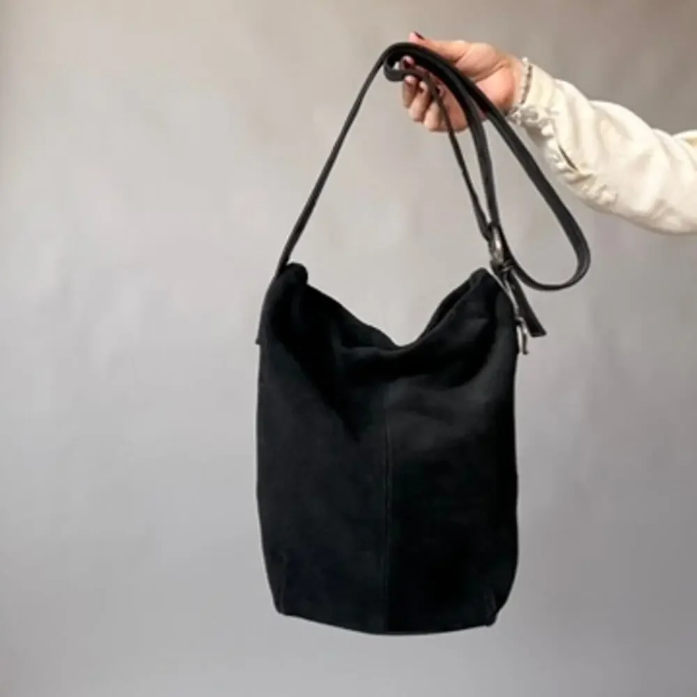 Vintage Faded Glory Genuine Suede Bucket Bag - Black